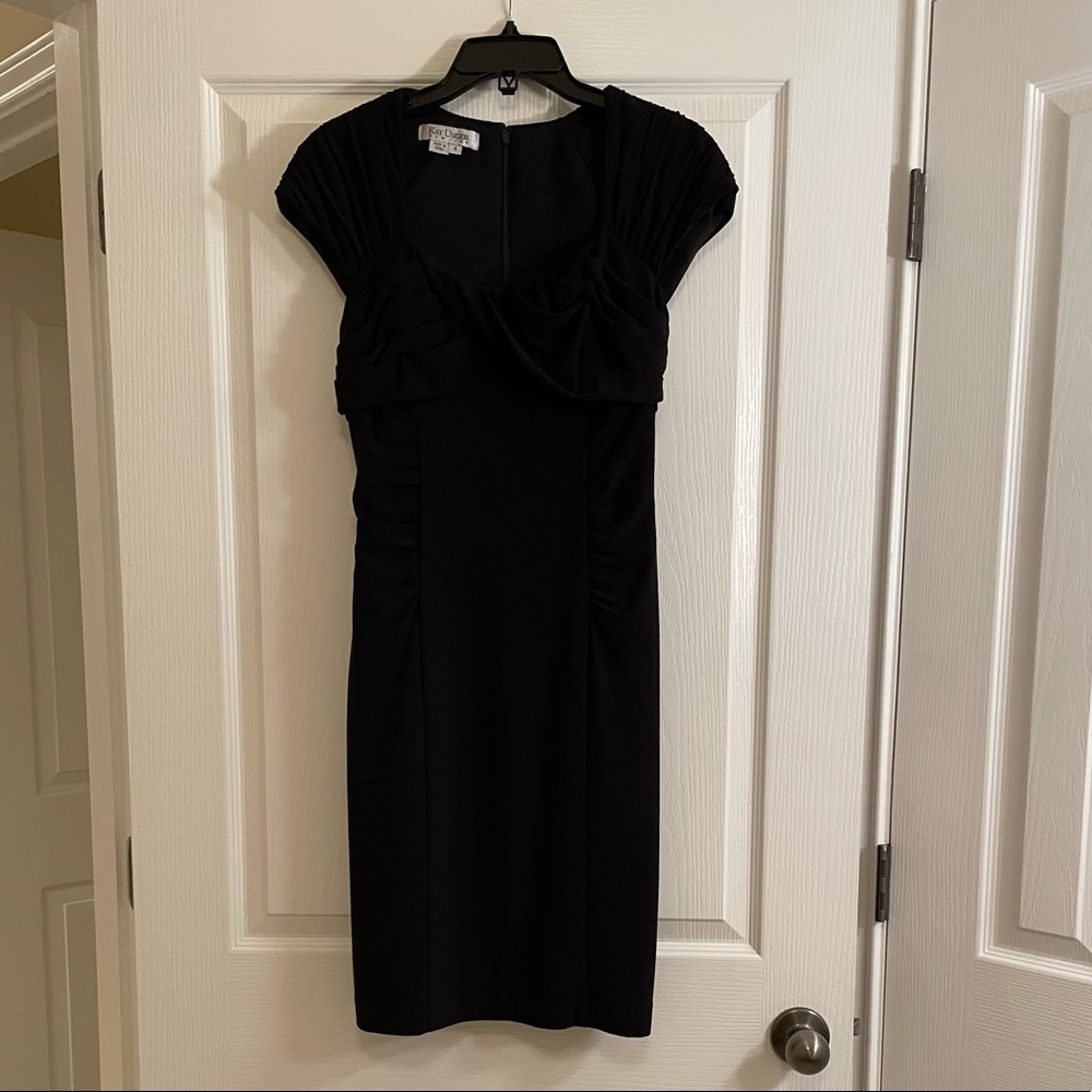 KAY UNGER Ruched Cap Sleeve Black Dress - Picture 2 of 13
